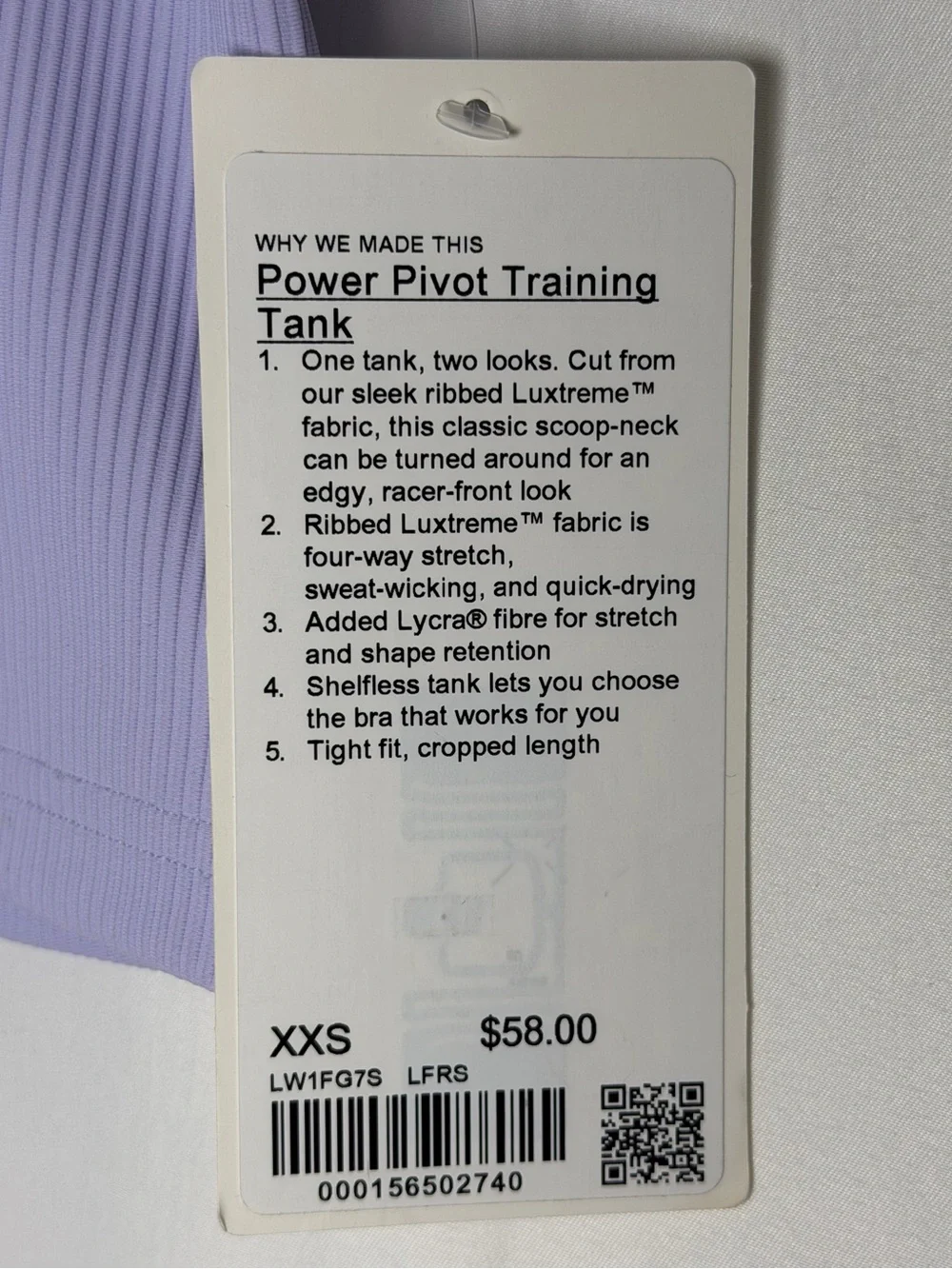 Lululemon Power Pivot Training Tank XXS Lavender Ribbed Crop NWT